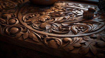 Poster - Beauty carving on wood, ornament carved into a wood desk, generative ai