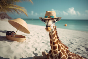 A giraffe relaxing on a beach on a summer vacation. Generative ai Generative AI