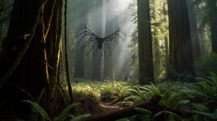 Enormous spider net in forest, generative ai