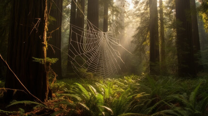 Enormous spider net in forest, generative ai
