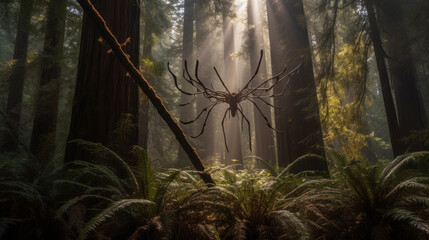 Enormous spider net in forest, generative ai