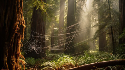 Enormous spider net in forest, generative ai