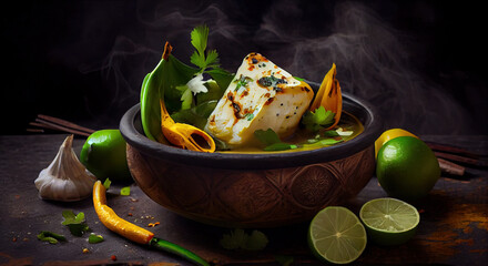 Delicious Paneer Tikka in Bowl with Vegetables on Foody Theme Background AI Generative