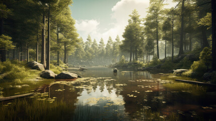 Wall Mural - Beautiful forest with sun and lake with crystal clean water, generative ai