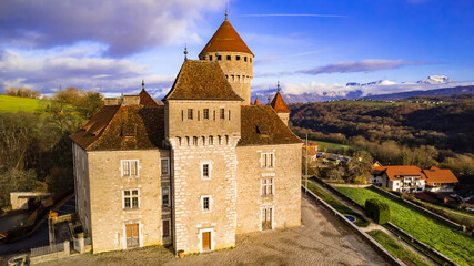 Canvas Print - Aerial drone panoramic view of beauiful medieval castle Chateau de Montrottier, Rhone-Alpes, Savoie, France