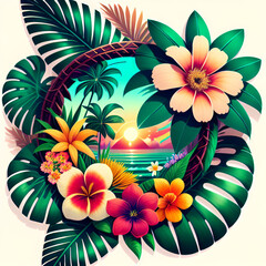 Wall Mural - Wreath of tropical flowers and leaves with landscape of summer beach. Generative AI.