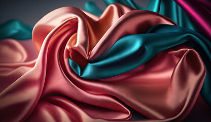 Close up of abstract rippled silk background for mock up and banner, smooth and soft fabric, minimal style scene, elegant waves clothes, with Generative Ai.