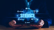 © LALAKA - Business service online digital technology. Businessman touching digital globe hologram. Quality business relationship. customer service advice and support. Technology robot assistance online services