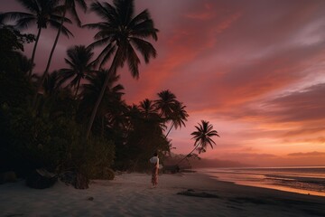 Wall Mural - An idyllic paradise beach, adorned with lush palm trees, and bathed in the warm hues of a romantic sunset. generative ai