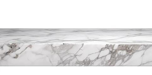 White marble table surface on transparent background, as PNG. Front view. Tabletop. Cut out element. Copy space for your object, product presentation. Display, promotion, advertising. Generative AI.