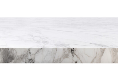 White marble table surface on transparent background, as PNG. Front view. Tabletop. Cut out element. Copy space for your object, product presentation. Display, promotion, advertising. Generative AI.