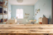 Empty wooden table top and blurred kids room interior on the background. Copy space for your object, product, toy presentation. Generative AI.