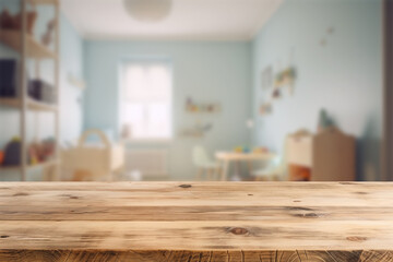 Wall Mural - Empty wooden table top and blurred kids room interior on the background. Copy space for your object, product, toy presentation. Generative AI.