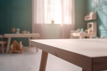 Wall Mural - Empty wooden table top and blurred kids room interior on the background. Copy space for your object, product, toy presentation. Display, promotion, advertising. Generative AI.