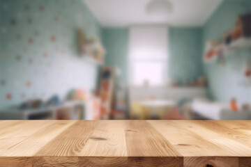 Empty wooden table top and blurred kids room interior on the background. Copy space for your object, product, toy presentation. Display, promotion, advertising. Generative AI.