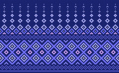 Wall Mural - Pixel ethnic pattern, Vector embroidery tribal background, Geometric fashion abstract style, Blue pattern ornate concept, Design for textile, fabric, clothing, tile, wall art