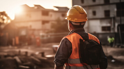 Construction worker holding his helmet and wearing fluorescent waistcoat while looking at construction site. Occupational Safety and Health. Generative ai