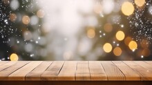 Empty Wooden Table Top With Warm Living Room Decor Blur Background With Snow, Mock Up Banner For Display Of Advertise Product, Generative Ai