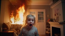 Scared little girl running away from fire in home, screaming girl dabbled with fire flame and accidental arson of apartment, fire in house due kid without supervision concept, generative AI