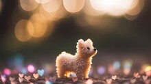 Miniature Dog Statue Multicolored Bokeh Background Copy Space, Little Cute Dog Figure On Bright Colorful Lights Bokeh Background, Dog Loyal Companion New Member Of Family, Generative AI