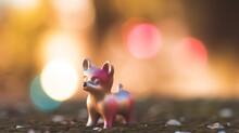 Miniature Dog Statue Multicolored Bokeh Background Copy Space, Little Cute Dog Figure On Bright Colorful Lights Bokeh Background, Dog Loyal Companion New Member Of Family, Generative AI