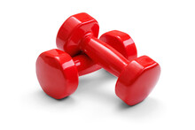 Two red dumbbells with a shadow on a transparent background. Angle view. Selective focus.