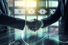 Businessmen Shaking Hands In Front Of Technology And Finance Backdrop