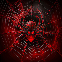 Wall Mural - Red and Black Spider Web.  Generative AI.
A digital painting of a red spider and its web with a black background.
