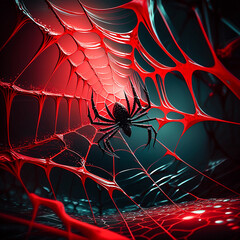 Wall Mural - Red and Black Spider Web.  Generative AI.
A digital painting of a red spider and its web with a black background.