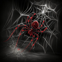 Wall Mural - Red and Black Spider Web.  Generative AI.
A digital painting of a red spider and its web with a black background.