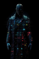 This cool and futuristic amoled illustration features a villain with glowing neon dots, set against a dark and abstract background. The image has a cyberpunk and sci-fi feel.