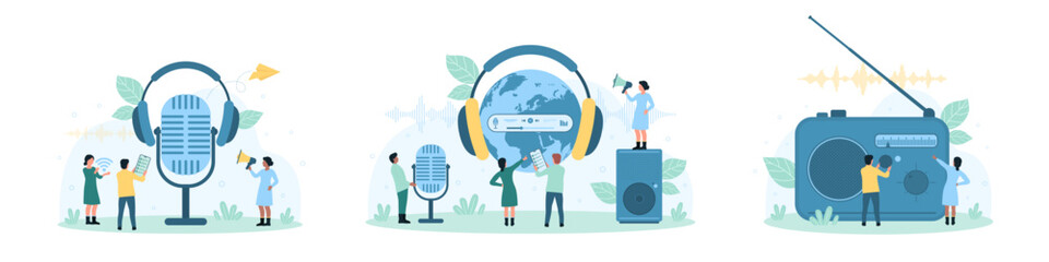 Wall Mural - Radio podcasts, broadcast set vector illustration. Cartoon tiny people listen digital music with headphones, record sound with mic, share and download audio files with mobile phone and gadget