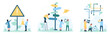 © Flash Vector - Making complex choice, way or strategy set vector illustration. Cartoon tiny people choose direction of path by arrows on road signpost, pointing to warning sign, standing with map and binoculars