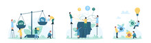 Making Decision Set Vector Illustration. Cartoon Tiny People Compare Risk And Benefit Of Yes And No Choices On Scales, Think On Analysis Of Multiple Questions In Head, Holding Puzzle And Light Bulb