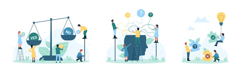 Making decision set vector illustration. Cartoon tiny people compare risk and benefit of yes and no choices on scales, think on analysis of multiple questions in head, holding puzzle and light bulb