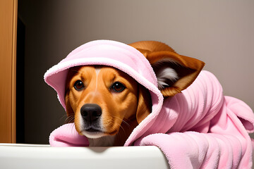 Wall Mural - dog in a pink bathrobe and curlers on his head, drying after bathing, funny dog spa treatments