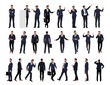 Set of Businessman character in different poses. Handsome man with beard wearing formal suit standing and walking, using phone , front, back and side view. Vector realistic illustration isolated.