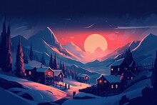 Cosey Winter Wonderland: A Snowy Little Village Nestled In Nature's Landscape At Sunset: Generative AI