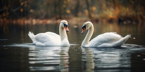 Wall Mural - A pair of swans gracefully swimming in a lake, concept of Animal behavior, created with Generative AI technology Generative AI