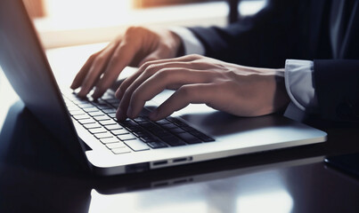 businessman typing on computer keyboard in bright office closeup. office and hands. AI generation. 
