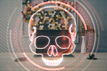 Poster - Close up of laptop on desktop with digital red skull on blurry background. Ransomeware, virus and pirate threat concept. Double exposure.