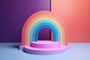 podium for product presentation or mockup rainbow backdrop, purple podium on the floor, abstract geometric, 3d rendering. generative ai