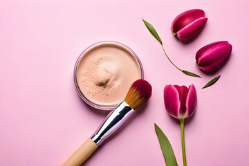 Make up composition concepts. Top view tulips, cosmetics, make up brush and tulip powder on pastel spring background