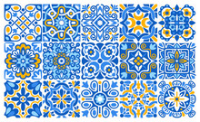 Azulejo Mosaic Tiles, Blue, White, Yellow Colors Square Patterns With Floral Motifs. Mediterranean, Portuguese, Spanish Traditional Vintage Ceramic Tilework. Arabesque Ornament With Flowers. Vector