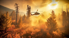 Helicopter Fighting Forest Fire In Nature. The Burning Flames Are Engulfing The Trees. Generative AI