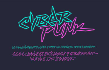 Vector Retro futuristic Cyberpunk type font in 90s style with neon light style alphabet concept. Retro Futuristic Neon lettering set. Pop Culture 90s font. Vintage type font
