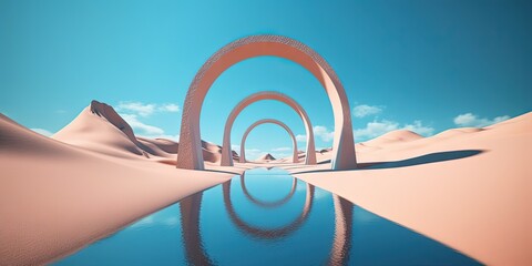 Wall Mural - Desert Dreamscape  Minimalist Panoramic Landscape with Sand Dunes  Clouds  and Geometric Arches, Generative AI