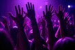 © thesweetsheep - Night club party crowd hands up. Purple Light (Ai generated)