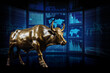golden brass statue of a bull over blurred stock exchange charts and map displayed on a screen as a symbol for rise of global markets and growing stock quotes, generative AI