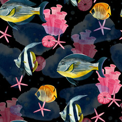 Seamless pattern. Tropical fishes of bright colors, pink stars, corals and blue spots, hand-drawn in watercolor on a dark background. Suitable for printing on fabric, paper, design and scrapbooking.